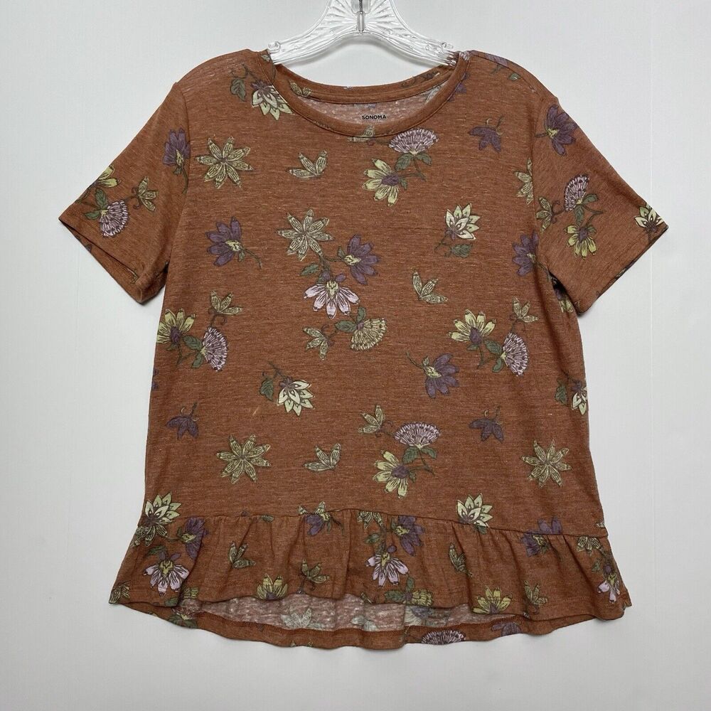 Sonoma Sz Small Orange Floral Linen Blend Short Sleeve Ruffle Hem Top